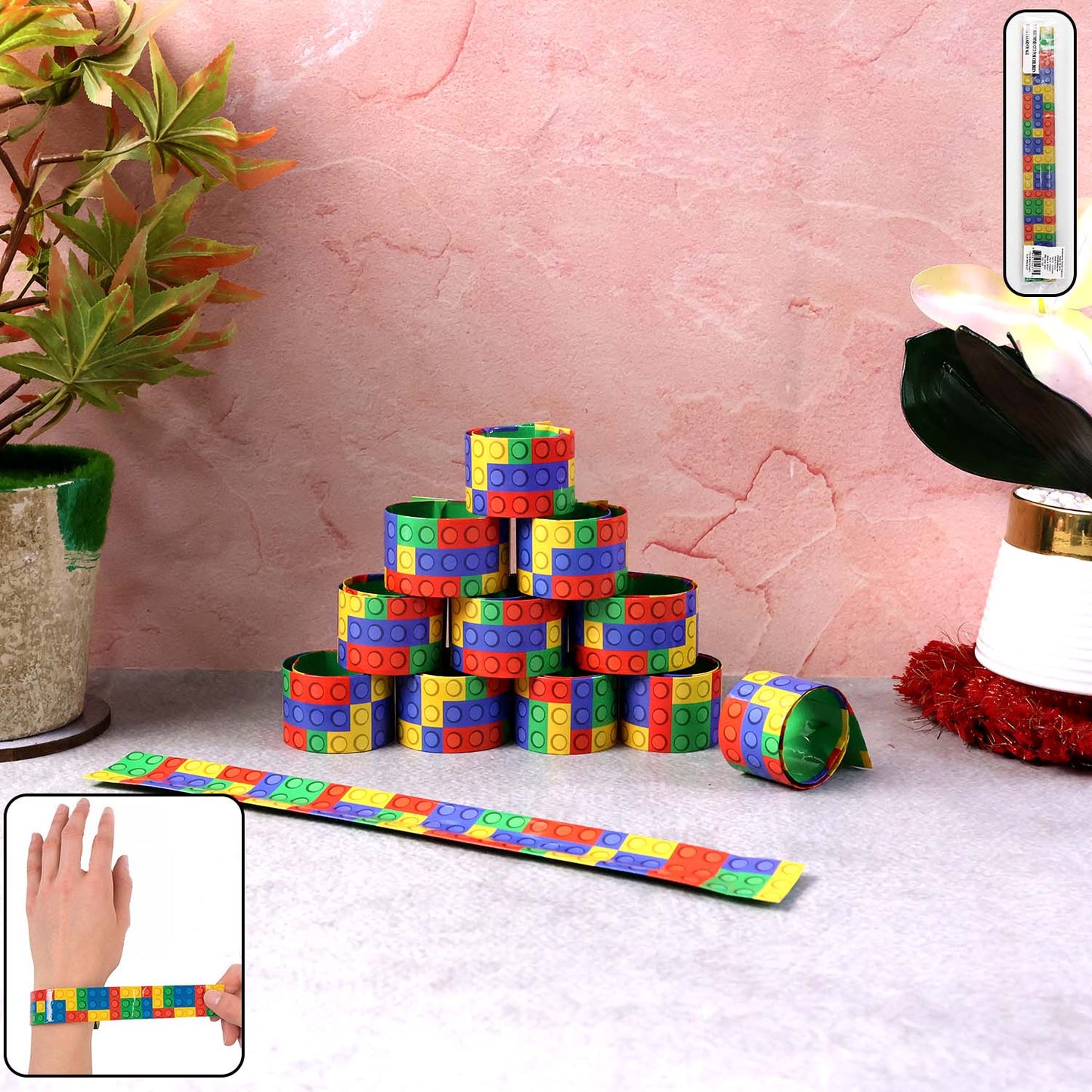 Colorful Snap Slap Bracelet Toy Set – 12 Pc Fun Wrist Band Toys for Kids, Multicolor Brick Pattern Snap-On Bracelets for Party Favors, Return Gifts & Playtime Fun