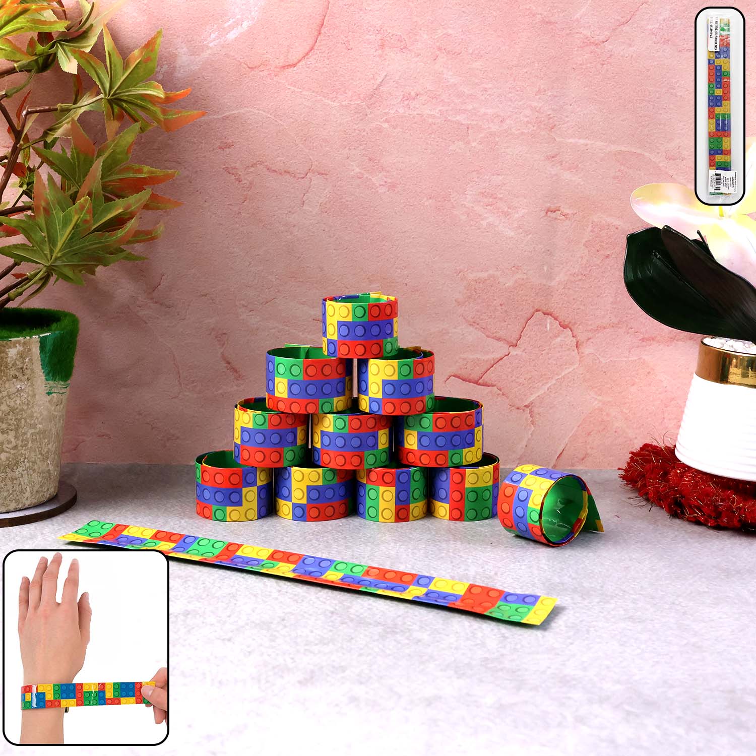 Colorful Snap Slap Bracelet Toy Set – 12 Pc Fun Wrist Band Toys for Kids, Multicolor Brick Pattern Snap-On Bracelets for Party Favors, Return Gifts & Playtime Fun