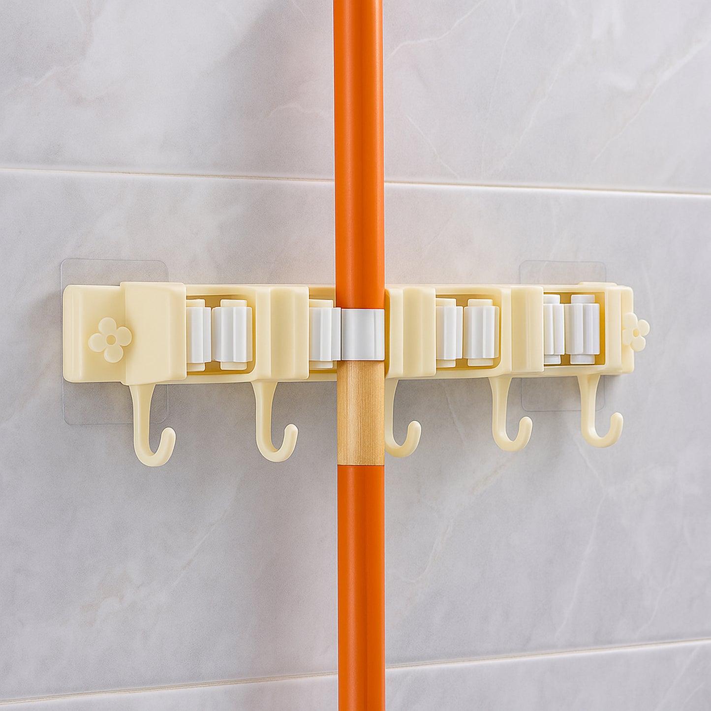 Self-Adhesive Wall-Mount Broom and Mop Holder Rack with Multi-Roller Grip and Utility Hooks – Space-Saving Organizer for Kitchen, Bathroom and Cleaning Tools