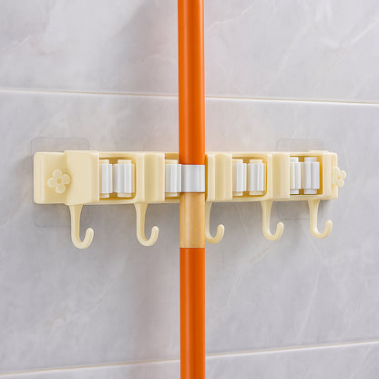 Self-Adhesive Wall-Mount Broom and Mop Holder Rack with Multi-Roller Grip and Utility Hooks – Space-Saving Organizer for Kitchen, Bathroom and Cleaning Tools