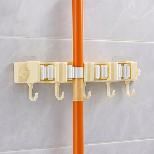Self-Adhesive Wall-Mount Broom and Mop Holder Rack with Multi-Roller Grip and Utility Hooks – Space-Saving Organizer for Kitchen, Bathroom and Cleaning Tools