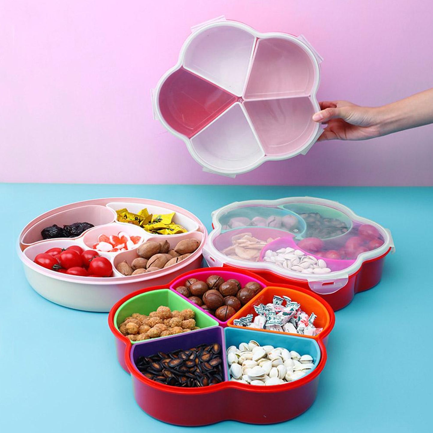 5 Compartment Party Food Storage Snack Box with Lid – Multipurpose Dry Fruit, Nuts, Candy, Fruit and Spice Storage Container for Kitchen and Dining (1 Pc)