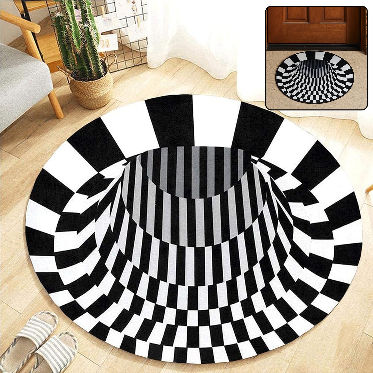 3D Optical Illusion Round Floor Rug / Doormat 60 Cm | Anti-Skid Soft Round Rug with Black & White Checkered Vortex Pattern for Living Room, Bedroom, Entryway & Office Décor (1 Pc)