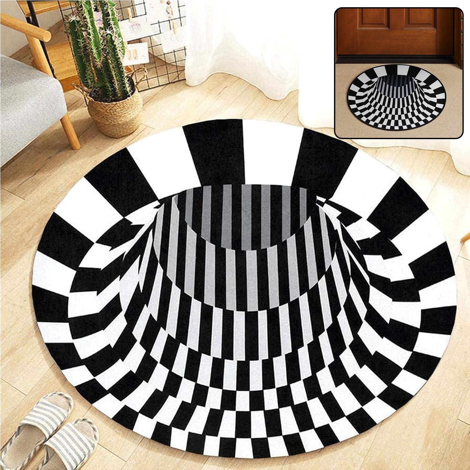 3D Optical Illusion Round Floor Rug / Doormat 60 Cm | Anti-Skid Soft Round Rug with Black & White Checkered Vortex Pattern for Living Room, Bedroom, Entryway & Office Décor (1 Pc)