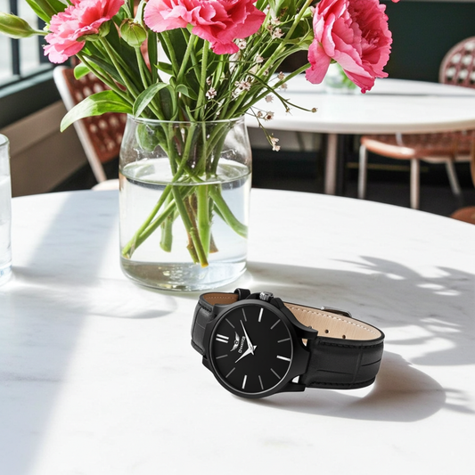 Men's Analog Leather Watch - Black
