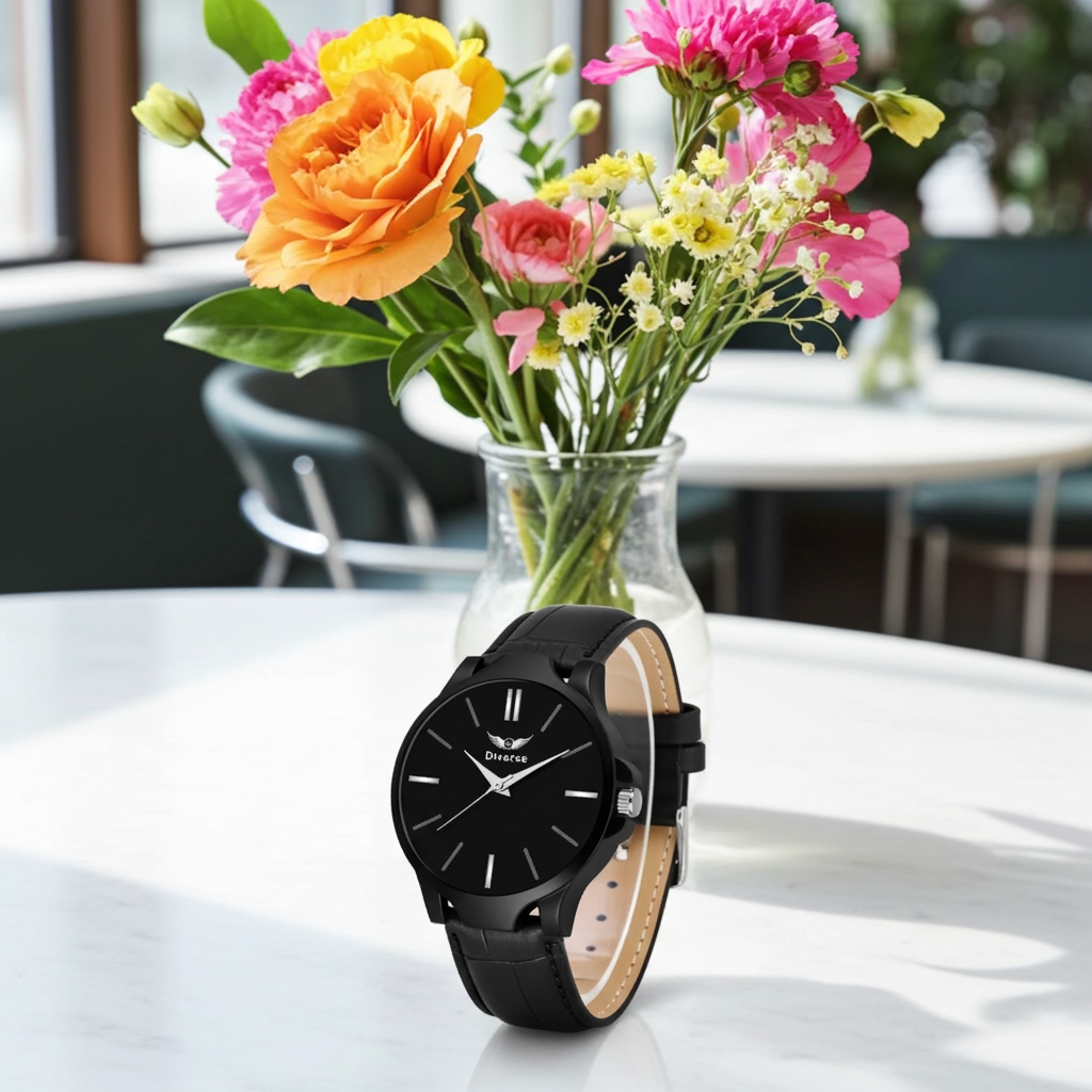 Men's Analog Leather Watch - Black