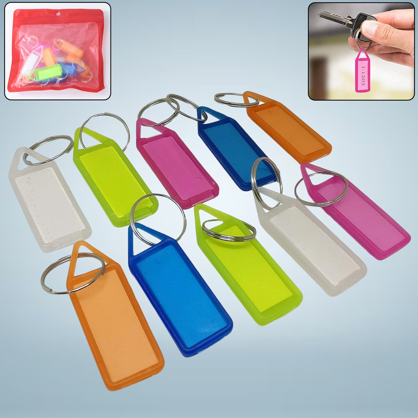 10 Piece Color Coded Keychain Tag Labels with ID Paper Insert and Split Ring for Keys, Cable Organization and Home Office Use