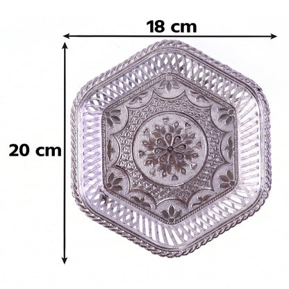 Decorative Silver Serving Tray with Embossed Floral Design for Dry Fruits, Sweets and Festive Serving