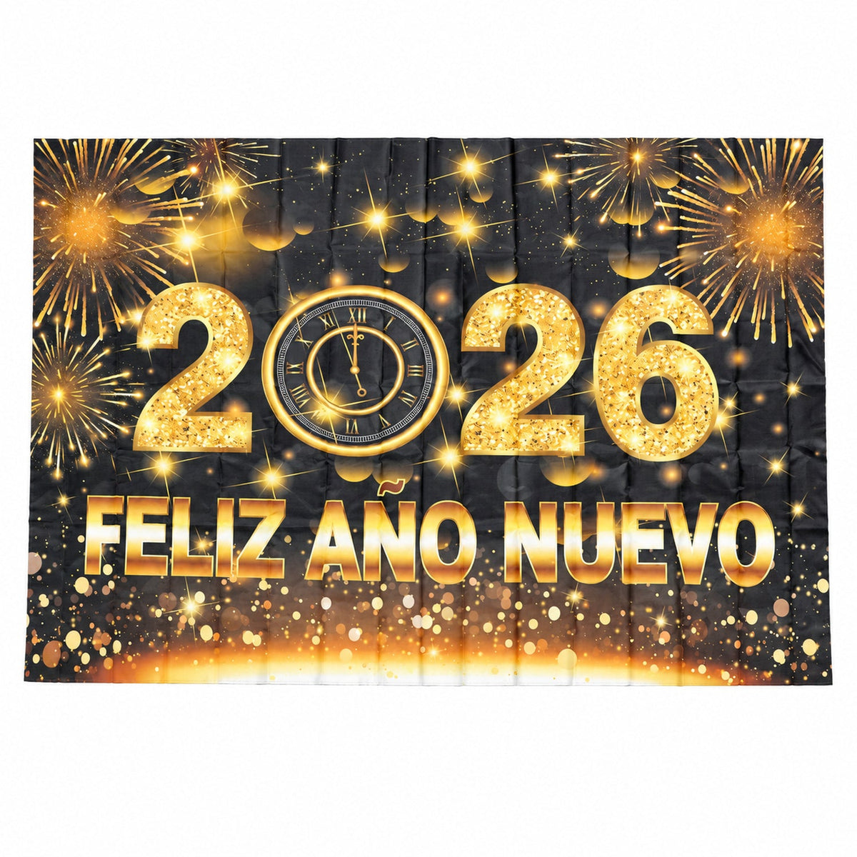 2026 New Year Party Backdrop Curtain 210 x 150 cm, Black and Gold Fireworks Photo Booth Banner with Feliz Año Nuevo Print for New Year Eve Party Wall Decoration