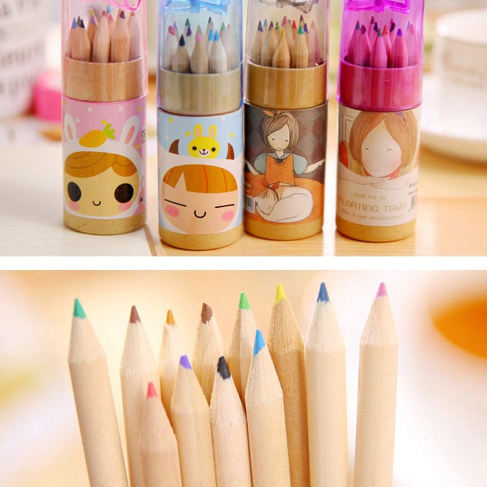 12 Colouring Pencils Kids Set with Built-in Sharpener | Kawaii 3-in-1 Pencil Holder (1 Set) Mini Drawing Colored Pencils