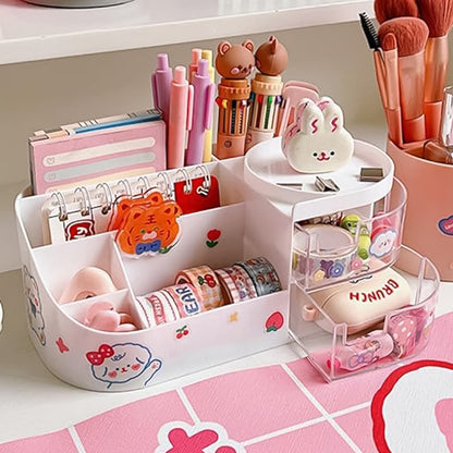 Multi Functional Vanity Storage Box with Rotating Organizer Tray and Dual Transparent Drawers Makeup Cosmetic Organizer White (1 Pc)