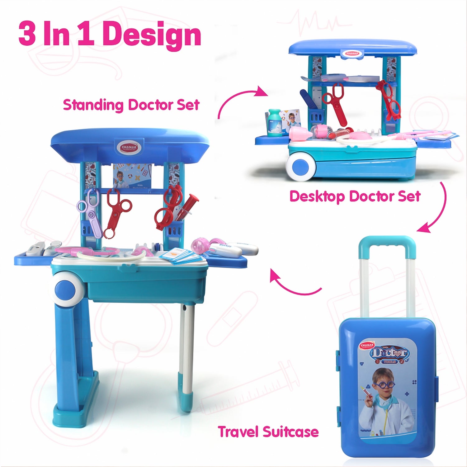 Premium Doctor Set Trolley for Kids Pretend Play Medical Kit with LED Light Instruments and Rolling Suitcase (1 Set)