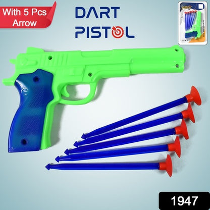 Medium Plastic Manual Toy Pistol Gun with 5 Soft Suction Dart Bullets for Kids – Safe Target Shooting Toy Set (1 Set)