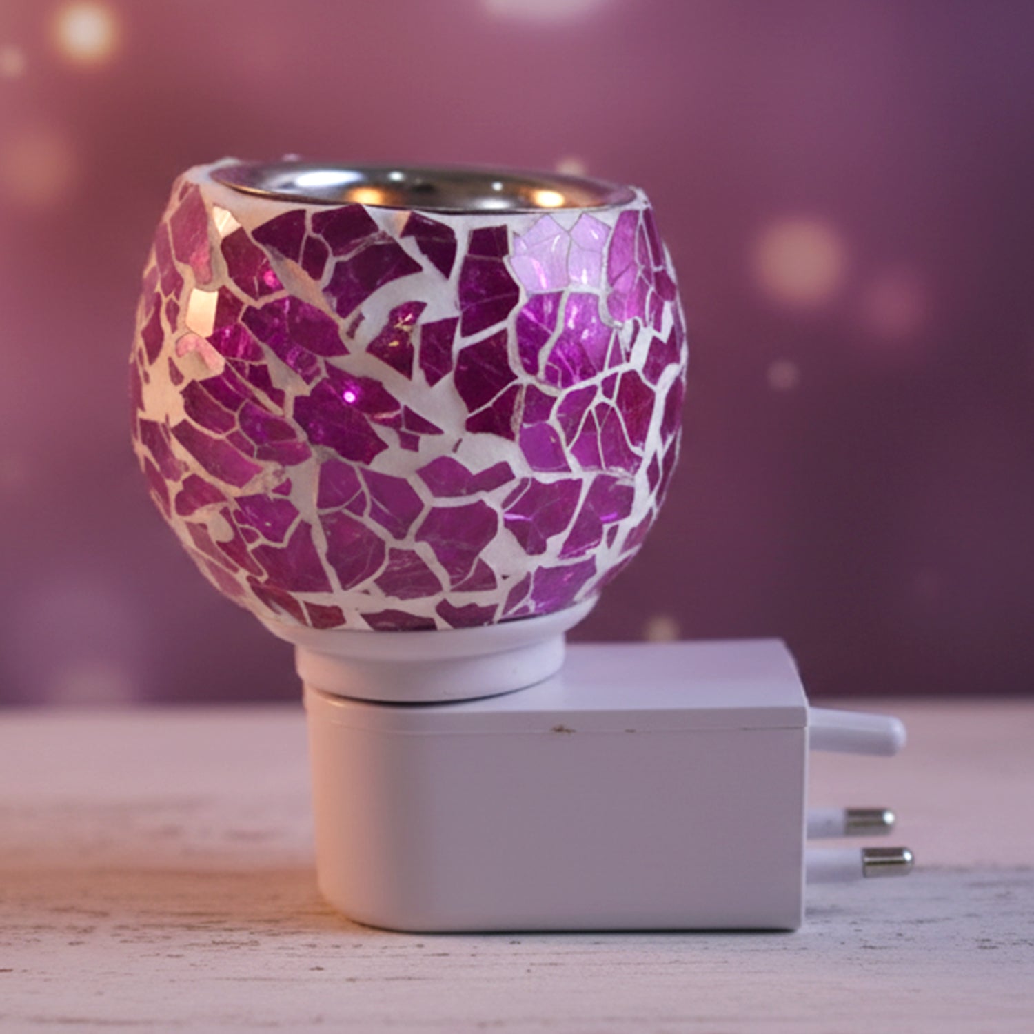 Premium Plug In Mosaic Glass Aroma Diffuser Night Lamp with Purple Crackle Globe Electric Fragrance Oil Burner for Home Bedroom Living Room