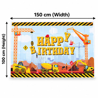 Construction Theme Happy Birthday Backdrop Curtain,&nbsp; Birthday Party Banner with Crane Artwork, Printed Wall Decoration for Cake Table, Photo Booth and Party