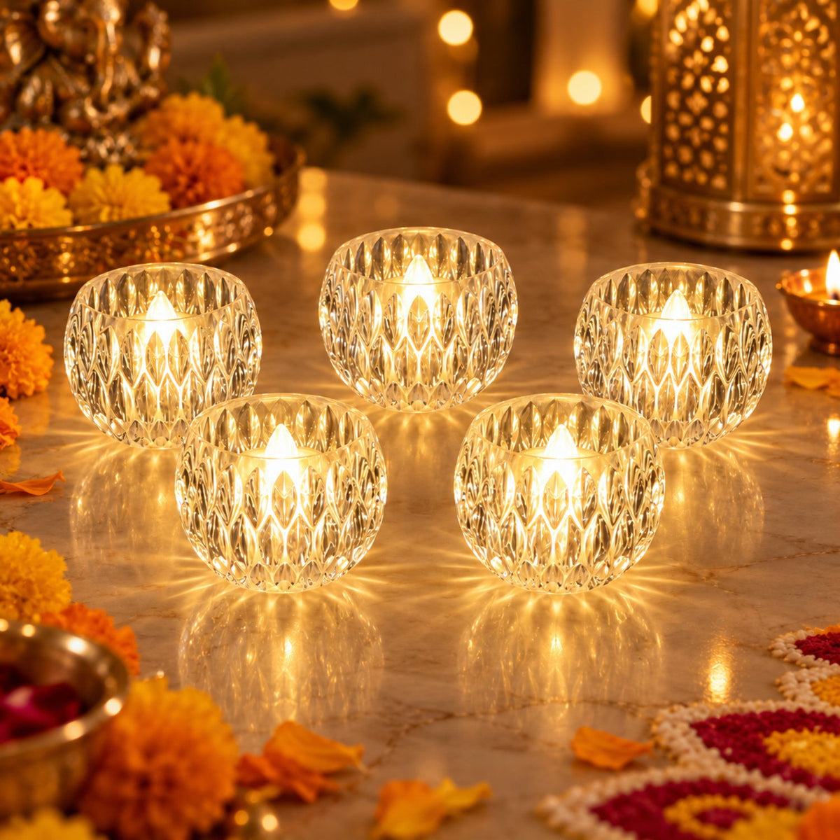 Crystal Style LED Decorative Candle Lights Set of 5, Warm Glow Flameless Tealight Candles with Faceted Clear Design for Diwali, Puja, Dining Table and Festive Home Decor (5 Pc Set)