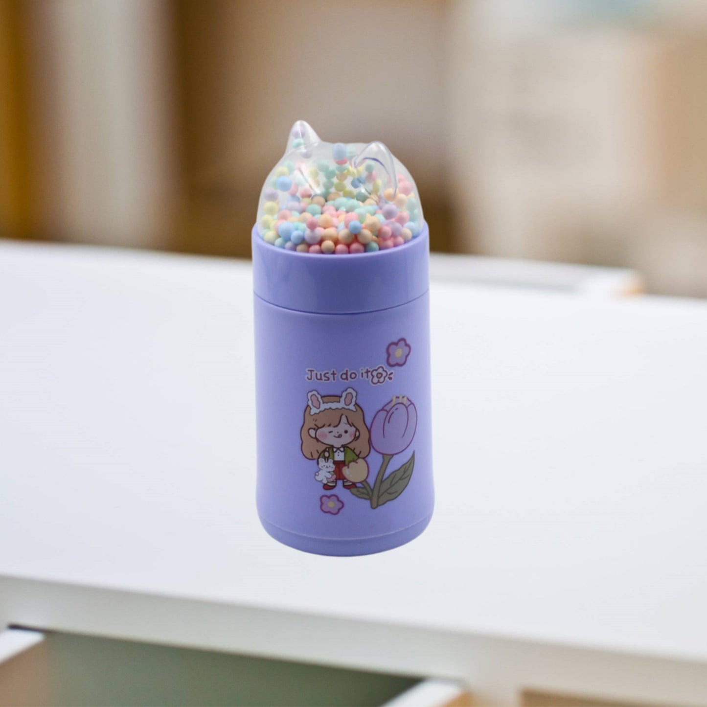 Girl Glass Water Bottle for School 350ml with Sparkle Strap Cat Lid Glitter Sequins Leakproof Glass Drinking Bottle for Kids