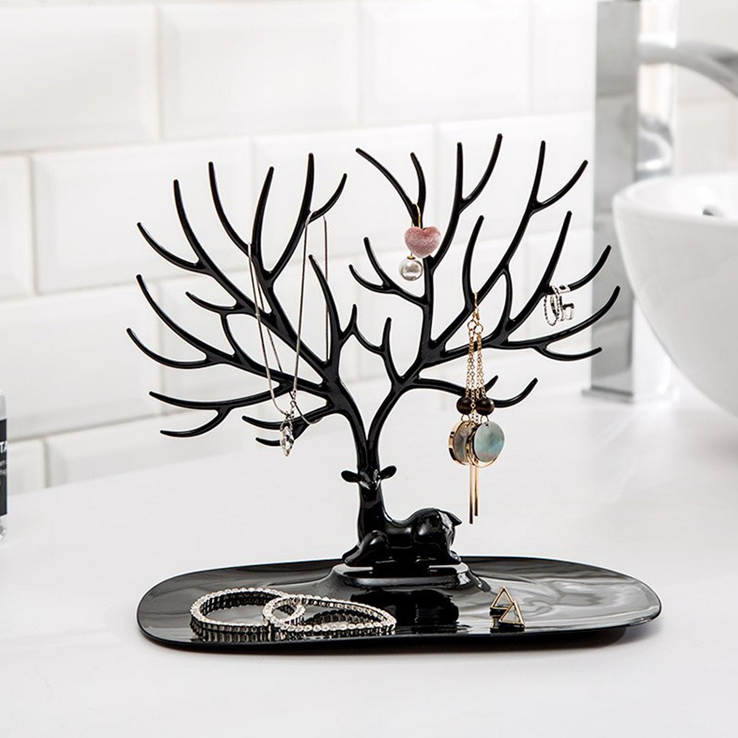 Deer Shaped Jewellery Display Holder | Necklace, Earring &amp; Ring Organizer Stand with Tray