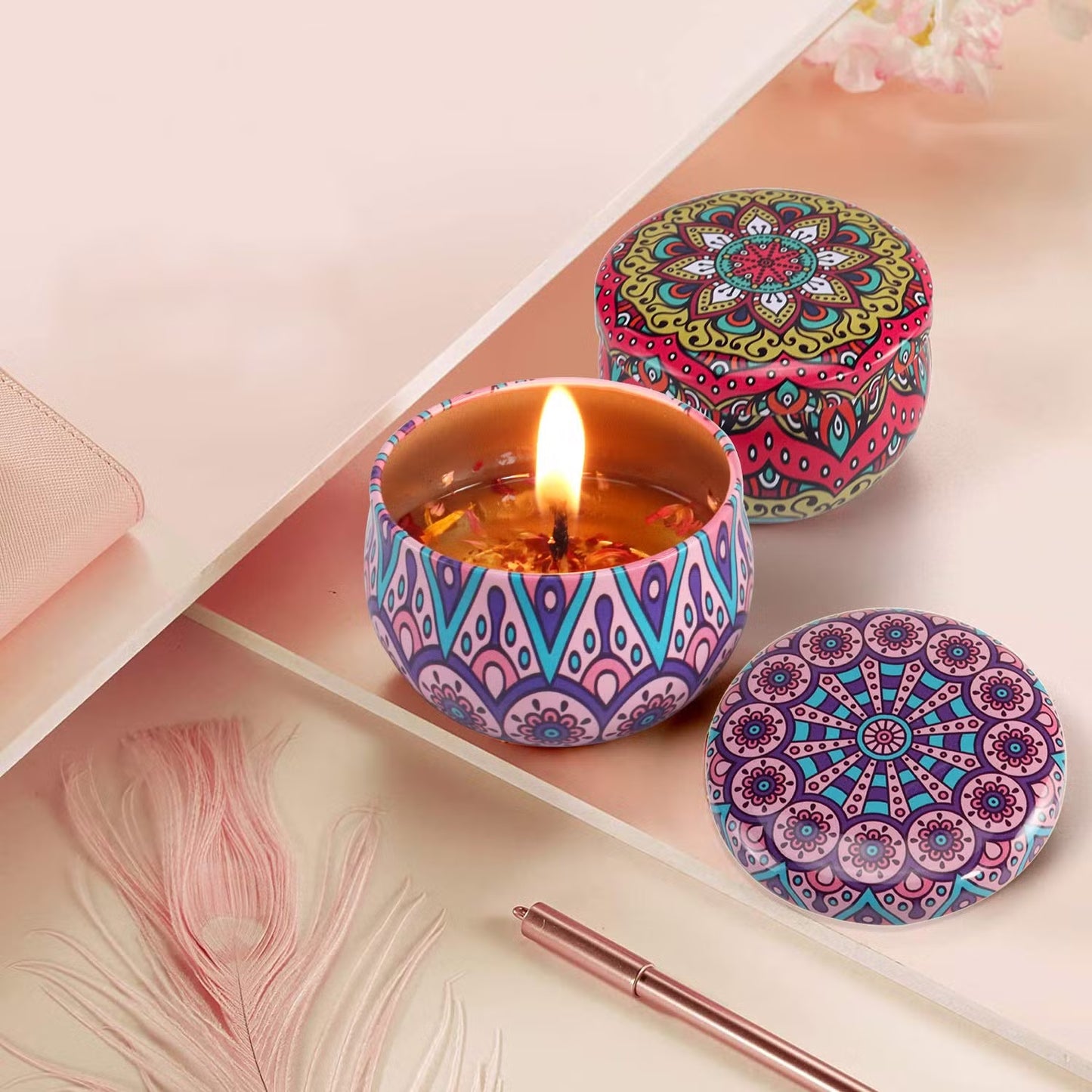 Premium Decorative Mandala Printed Metal Candle Container (4 Pc)