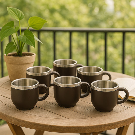 Apex Premium Double Wall Stainless Steel Cappuccino Mug Gift Set – 100 ML Insulated Coffee and Tea Cups with Handle – Set of 6 Brown Finish