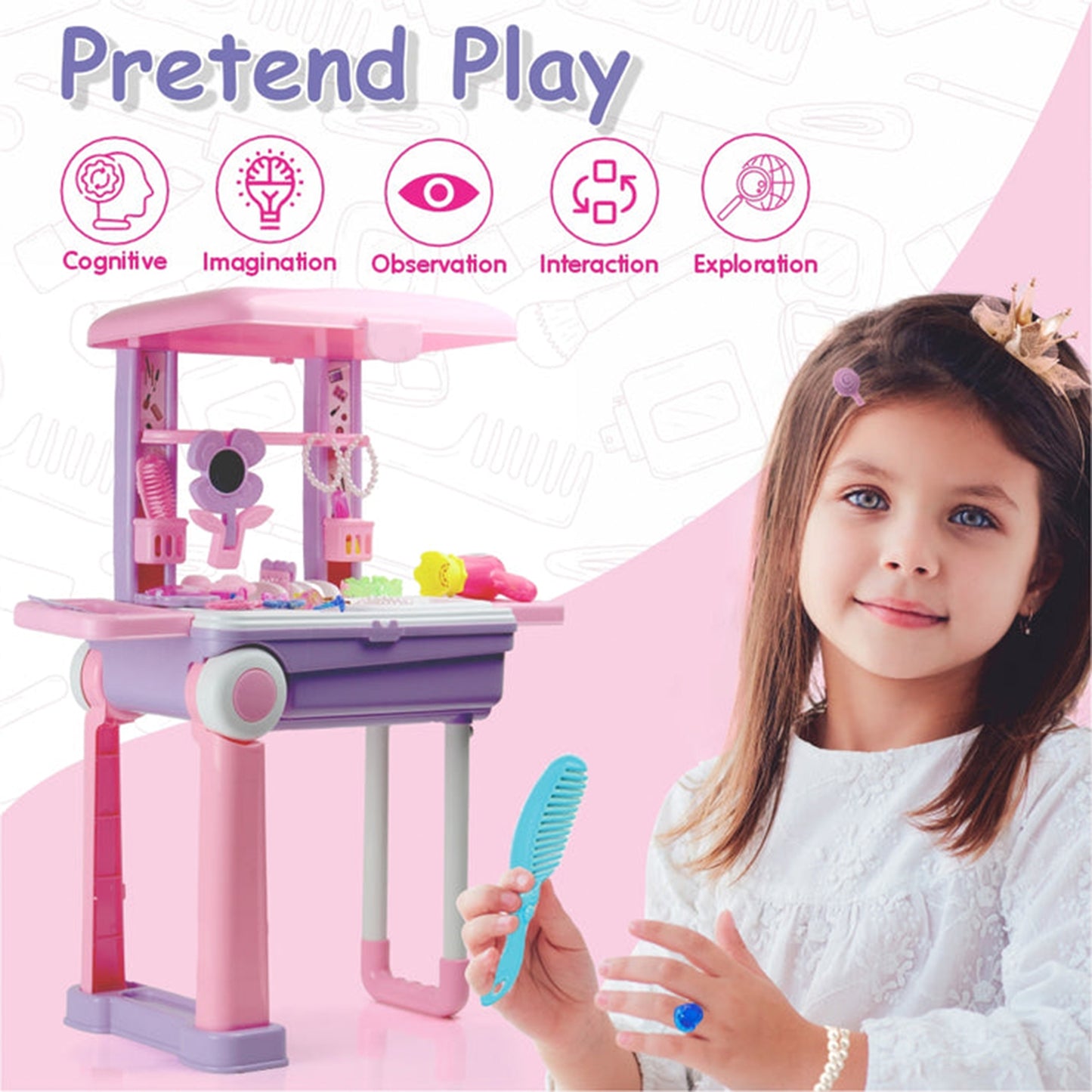 Big Beauty Set Trolley Suitcase on Wheels 3 in 1 Pretend Makeup Vanity Play Set with 25 Accessories for Girls 3+ Years BIS Approved (1 Set)