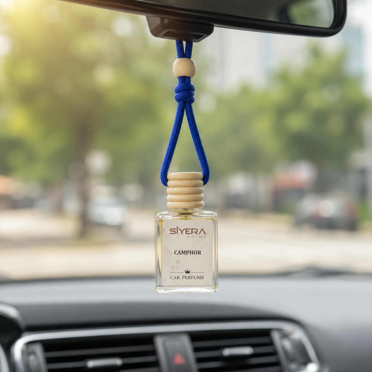 Siyera Camphor Hanging Car Perfume with Natural Wooden Cap Long Lasting Car Air Freshener and Fragrance Diffuser for Car, SUV and Indoor Spaces (1 Pc)