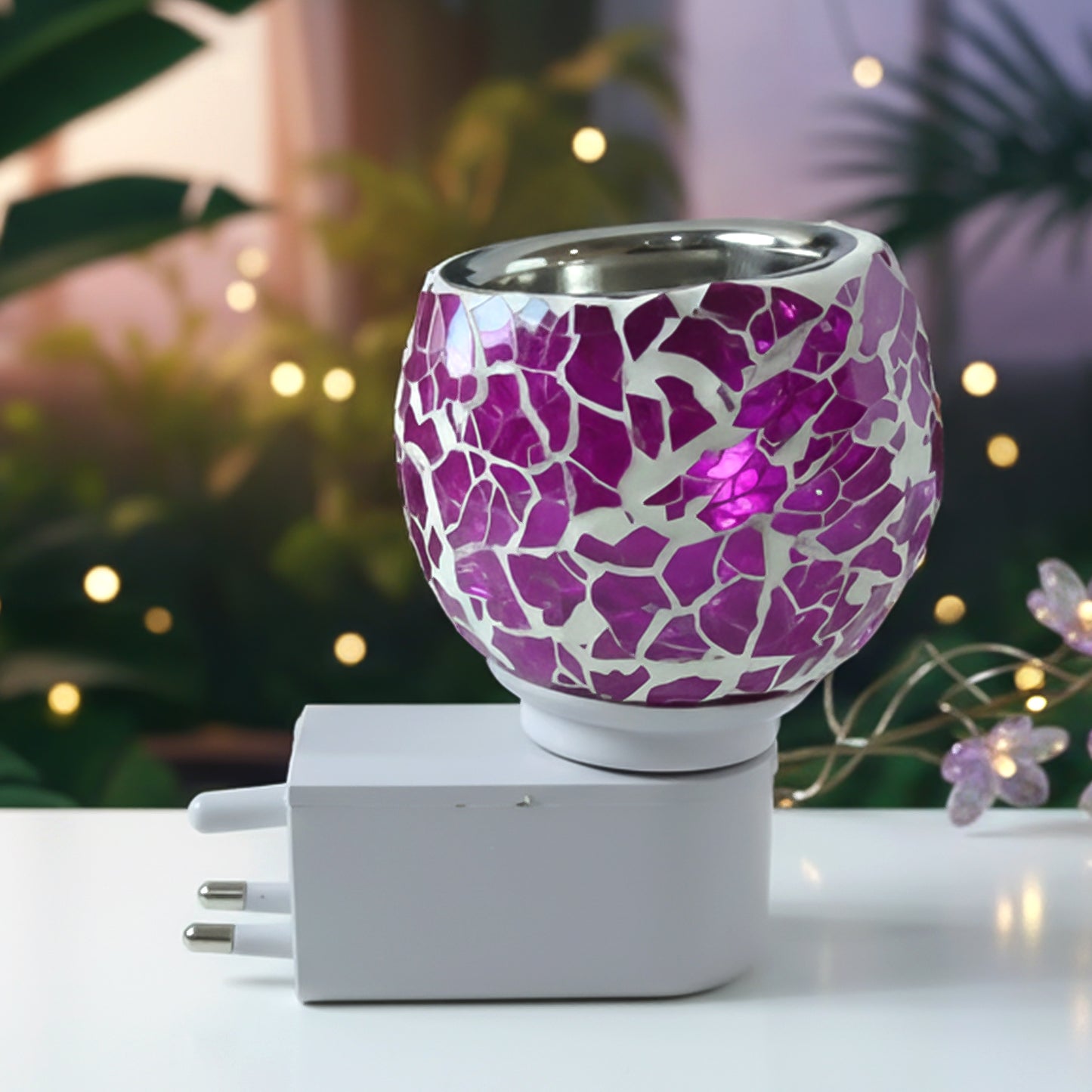 Premium Plug In Mosaic Glass Aroma Diffuser Night Lamp with Purple Crackle Globe Electric Fragrance Oil Burner for Home Bedroom Living Room