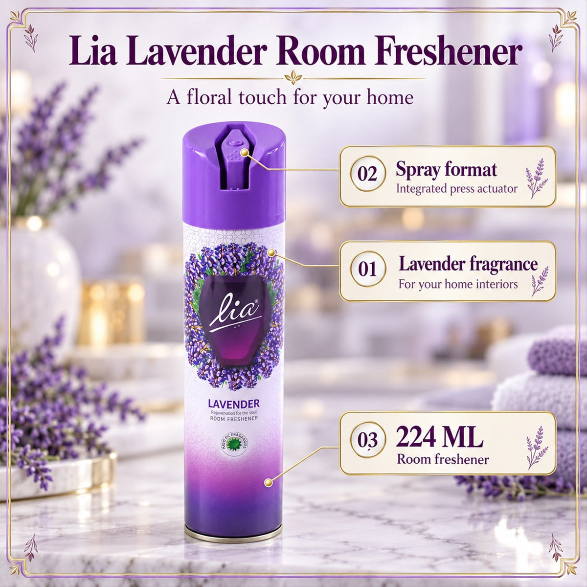 Lavender Room Freshener Spray 224ml | Floral Fragrance Aerosol Air Freshener for Home, Bedroom, Bathroom and Office