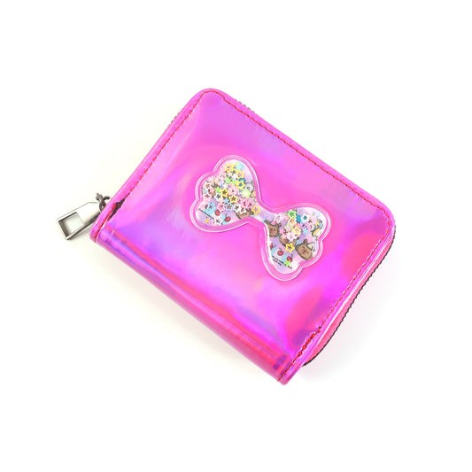 Vibrant Kids Wallet with Cute Bow-Shaped Floating Glitter Design – Trendy Zip Closure Wallet for Girls, School & Birthday Gift Accessory (1 Pc)