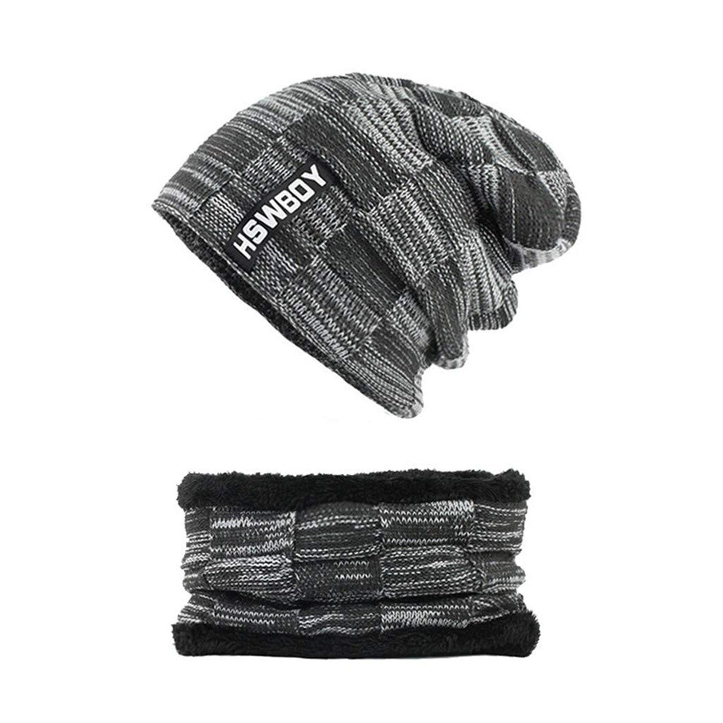 Ultra Soft Unisex Woollen Beanie Cap and Muffler Scarf Set Winter Thermal Knit Cap with Warm Fleece Lining
