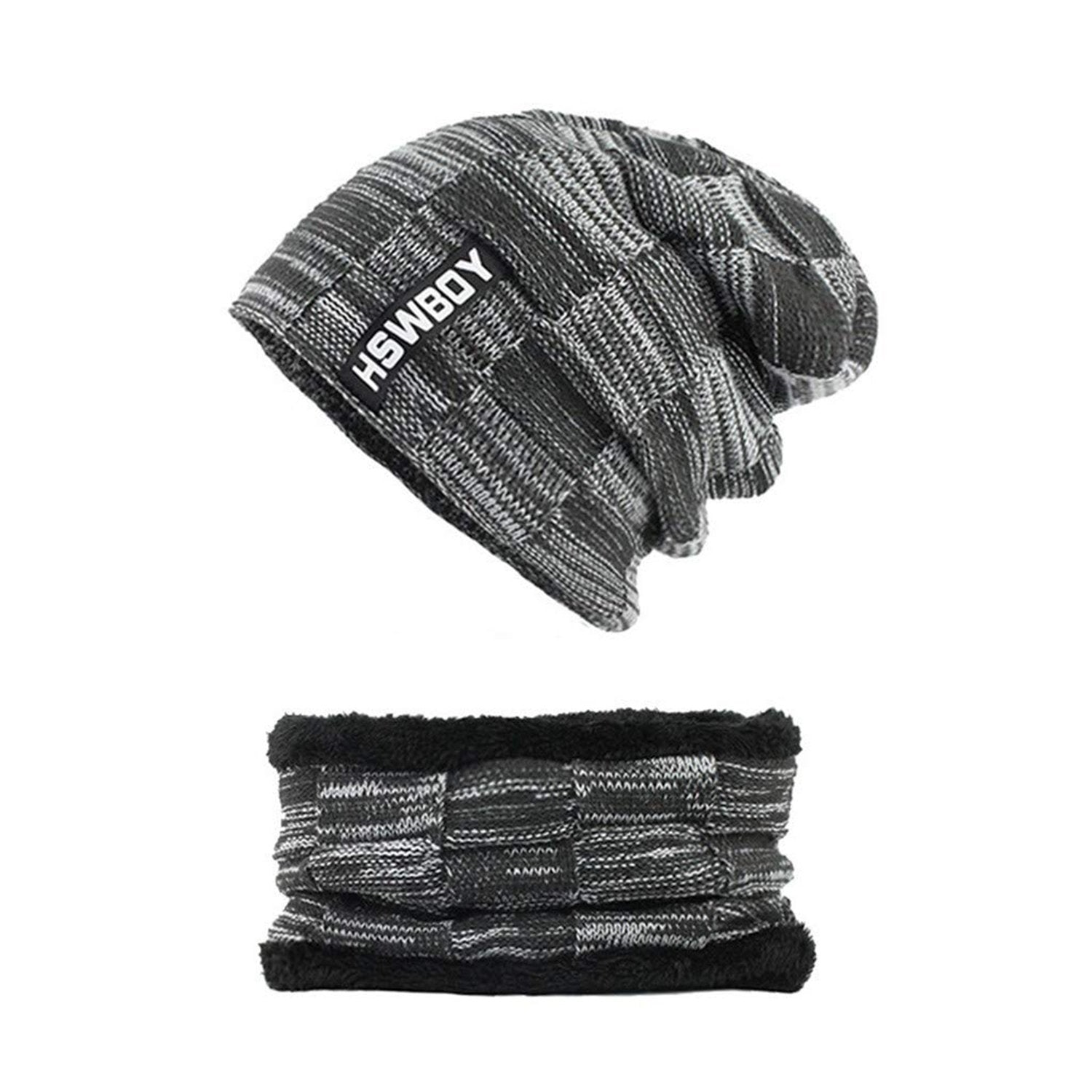 Ultra Soft Unisex Woollen Beanie Cap and Muffler Scarf Set Winter Thermal Knit Cap with Warm Fleece Lining