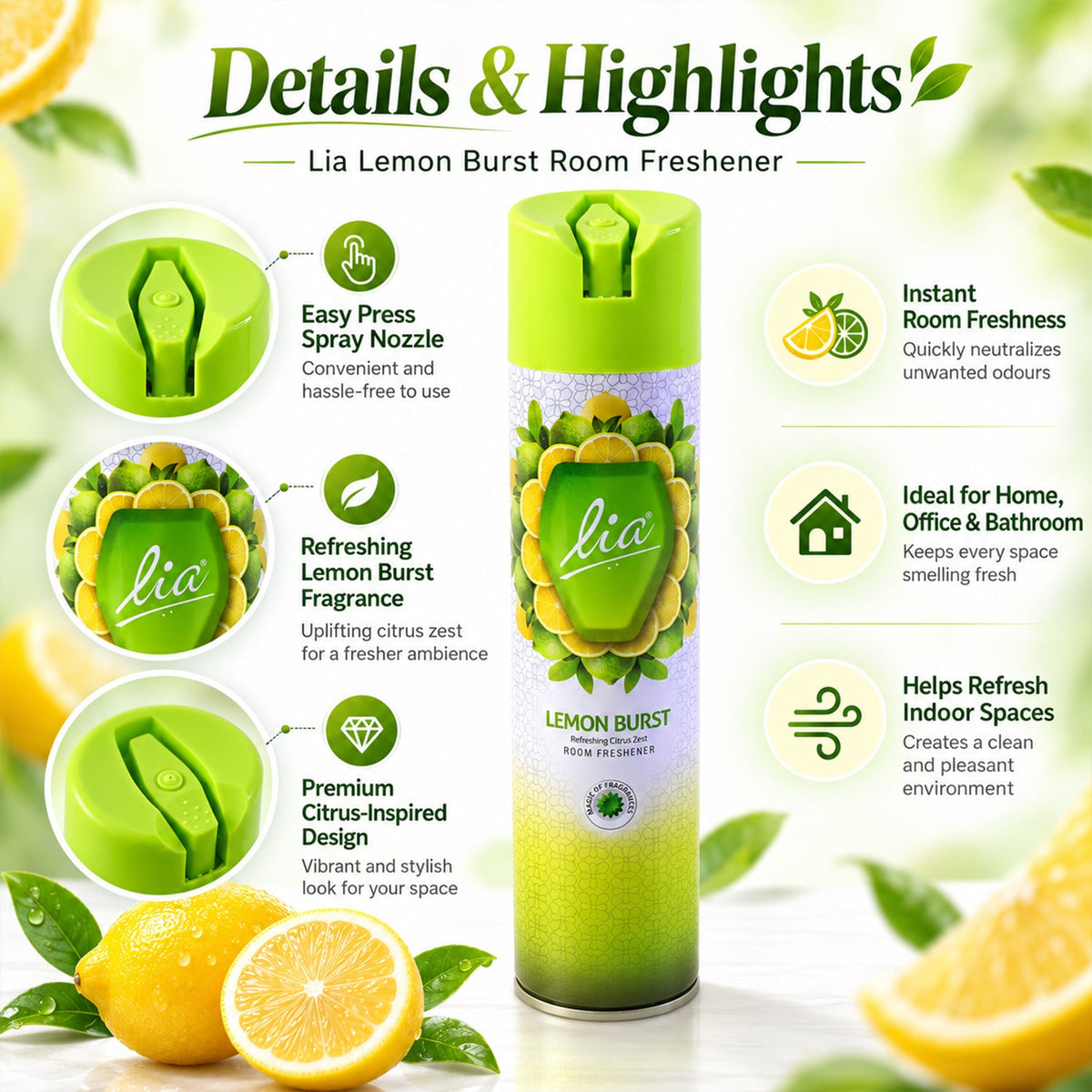 Lemon Burst Room Freshener Spray 224ml | Citrus Fragrance Aerosol Air Freshener for Home, Bedroom, Bathroom and Office