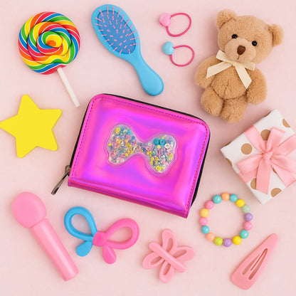 Vibrant Kids Wallet with Cute Bow-Shaped Floating Glitter Design – Trendy Zip Closure Wallet for Girls, School & Birthday Gift Accessory (1 Pc)