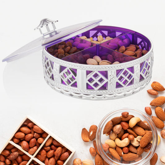 Multipurpose 4 Section Dry Fruit Box Round Silver Finish Decorative Gift Box for Dry Fruits Chocolates Sweets Snacks and Mukhwas (1 Pc)