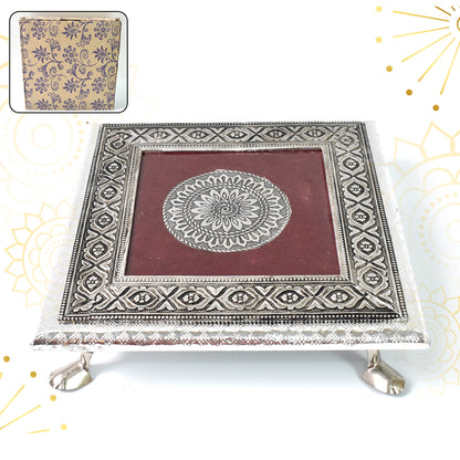 Silver Square Wooden Pooja Chowki Patla Bajot for Home Temple, Office Temple, Festivals and Religious Ceremonies 20 × 20 cm (1 Pc)