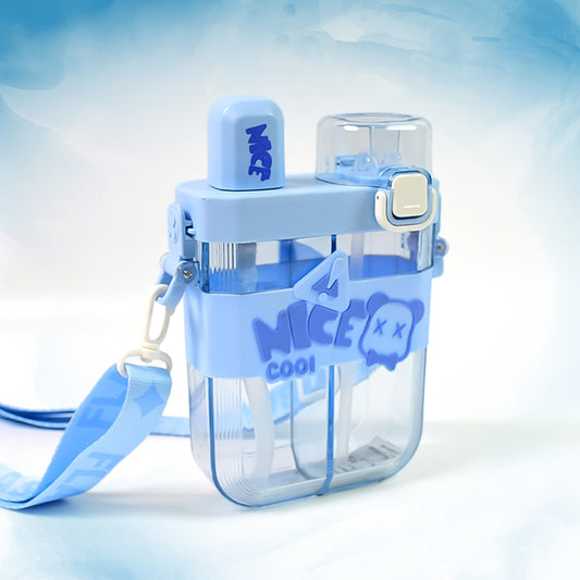 2 in 1 Dual Compartment Water Bottle With Straw (1 Pc, 650ml) | Two-Way Drinking | Double Straw | Adjustable Shoulder Straps | Leak-Proof School Bottle
