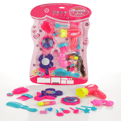 Girl's Bring Along Beauty Suitcase Makeup Vanity Toy Set with Pretend Makeup Hair Dryer Mirror and Accessories (Random color)