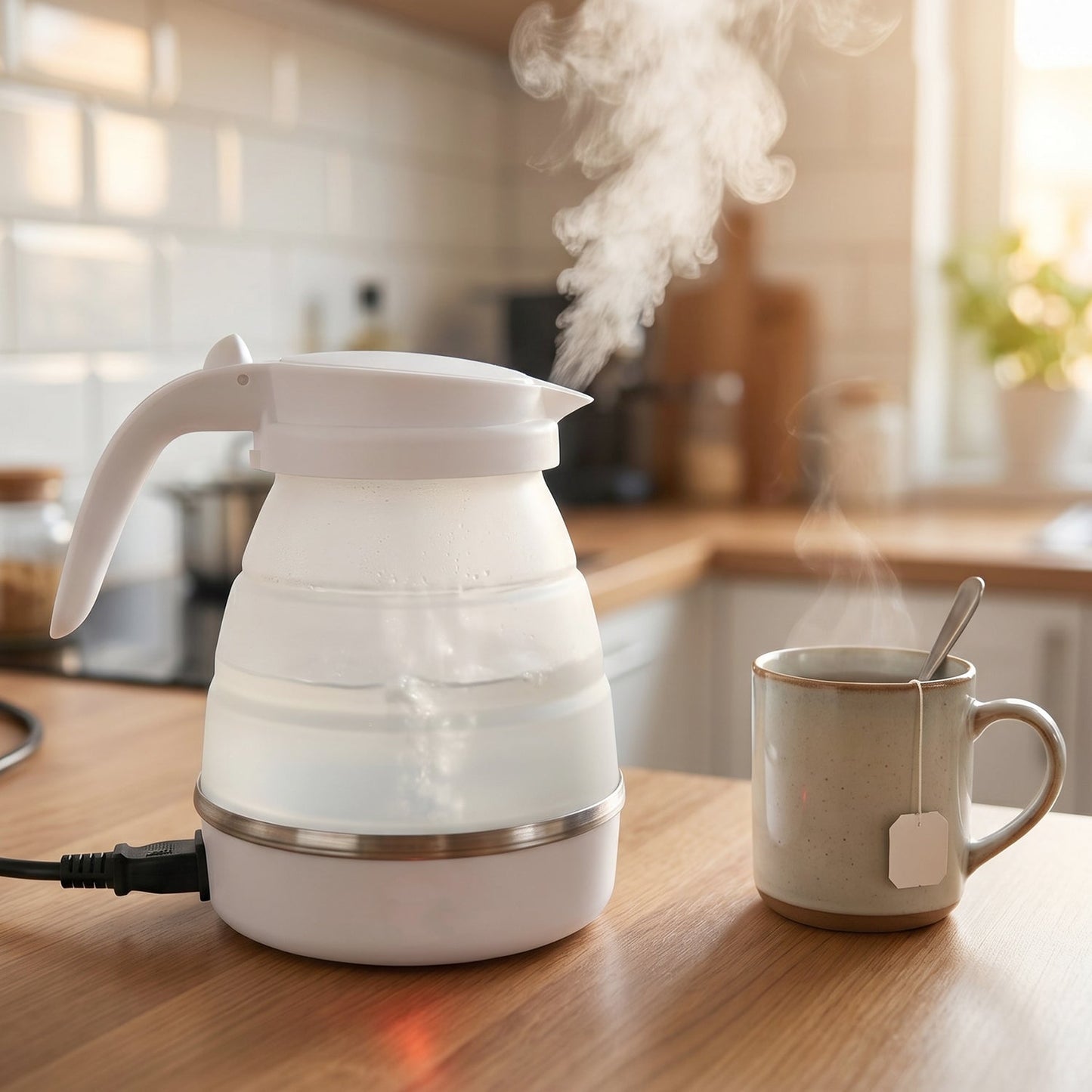 Collapsible Travel Electric Kettle 600ml Foldable Portable Silicone Water Boiler for Tea, Coffee, Milk, Instant Noodles and Hot Water with Detachable Power Cord (1 Pc)