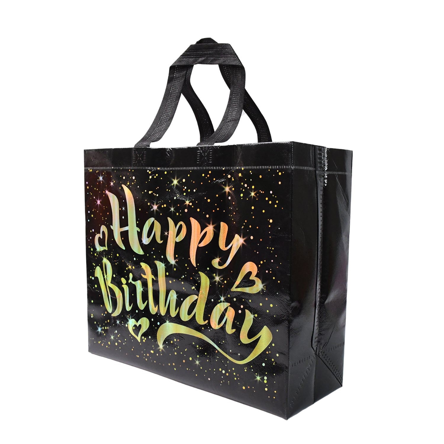 Birthday Gift Bag with Gold Shiny Stars – Reusable Non Woven Party Gift Bag for Kids and Adults with Sturdy Base – 1 Piece