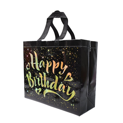 Birthday Gift Bag with Gold Shiny Stars – Reusable Non Woven Party Gift Bag for Kids and Adults with Sturdy Base – 1 Piece