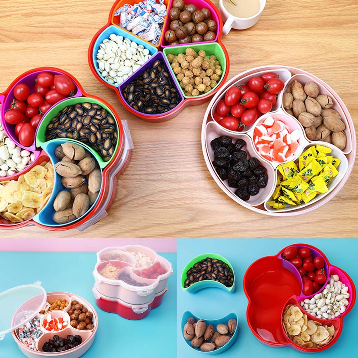 5 Compartment Party Food Storage Snack Box with Lid – Multipurpose Dry Fruit, Nuts, Candy, Fruit and Spice Storage Container for Kitchen and Dining (1 Pc)