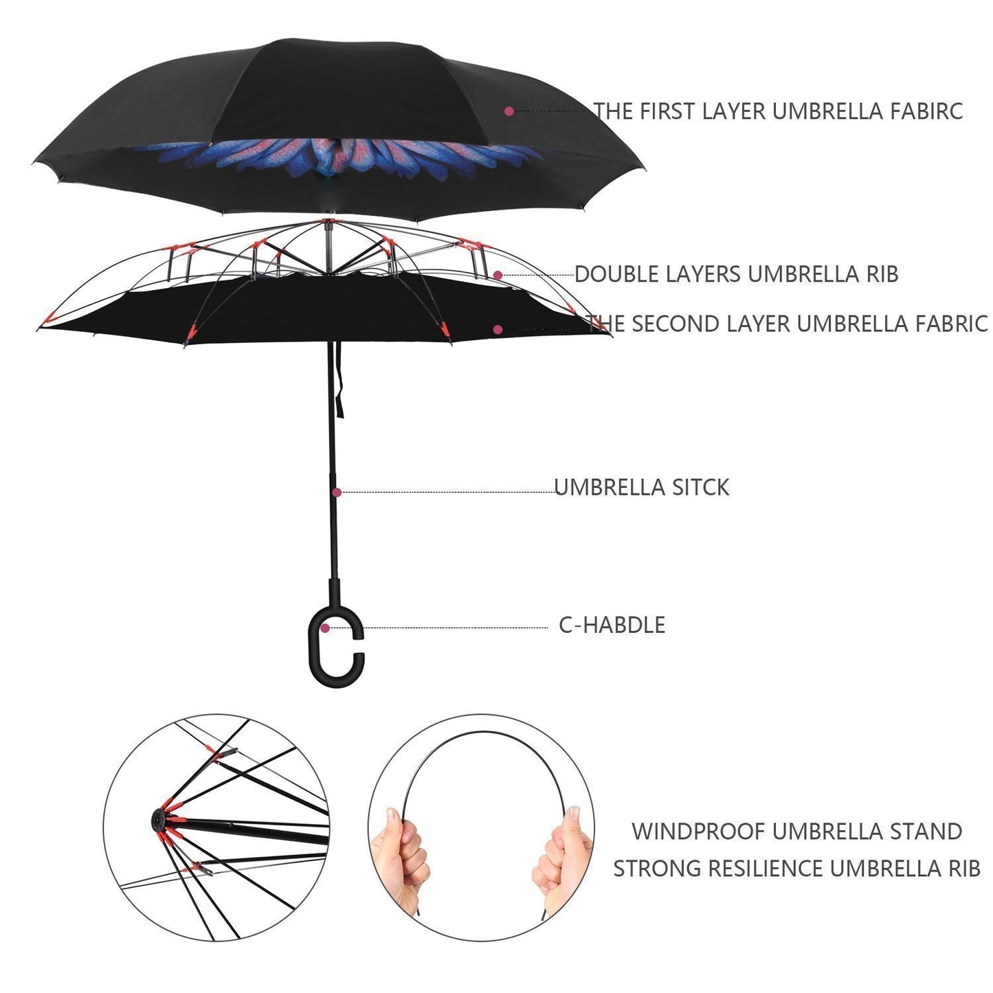 Plain Design Windproof Reverse Umbrella with C Shaped Handle, Upside Down Double Layer Inverted Waterproof Umbrella for Car Travel and Daily Use