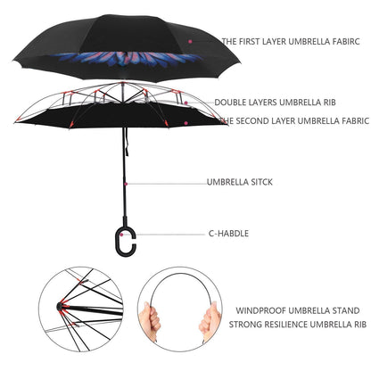 Plain Design Windproof Reverse Umbrella with C Shaped Handle, Upside Down Double Layer Inverted Waterproof Umbrella for Car Travel and Daily Use