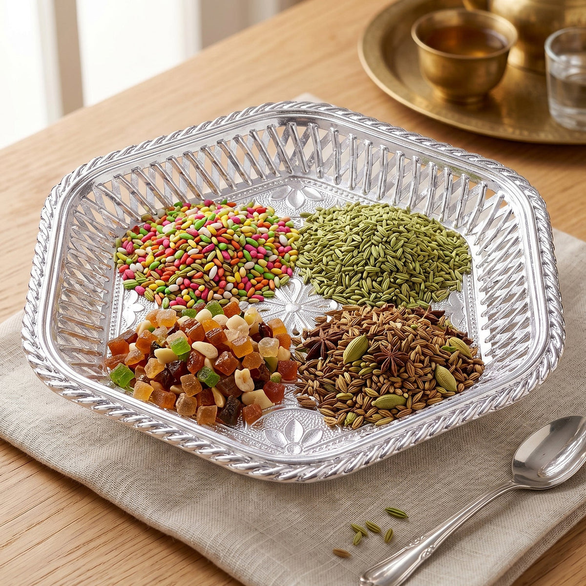 Decorative Silver Serving Tray with Embossed Floral Design for Dry Fruits, Sweets and Festive Serving
