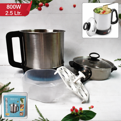 Stainless Steel Electric Soup Pot with Lid Multi Cooker Kettle 800W 2.5L Electric Boiler Single Breakfast Cup Health Cooking Pot for Office and Home Use