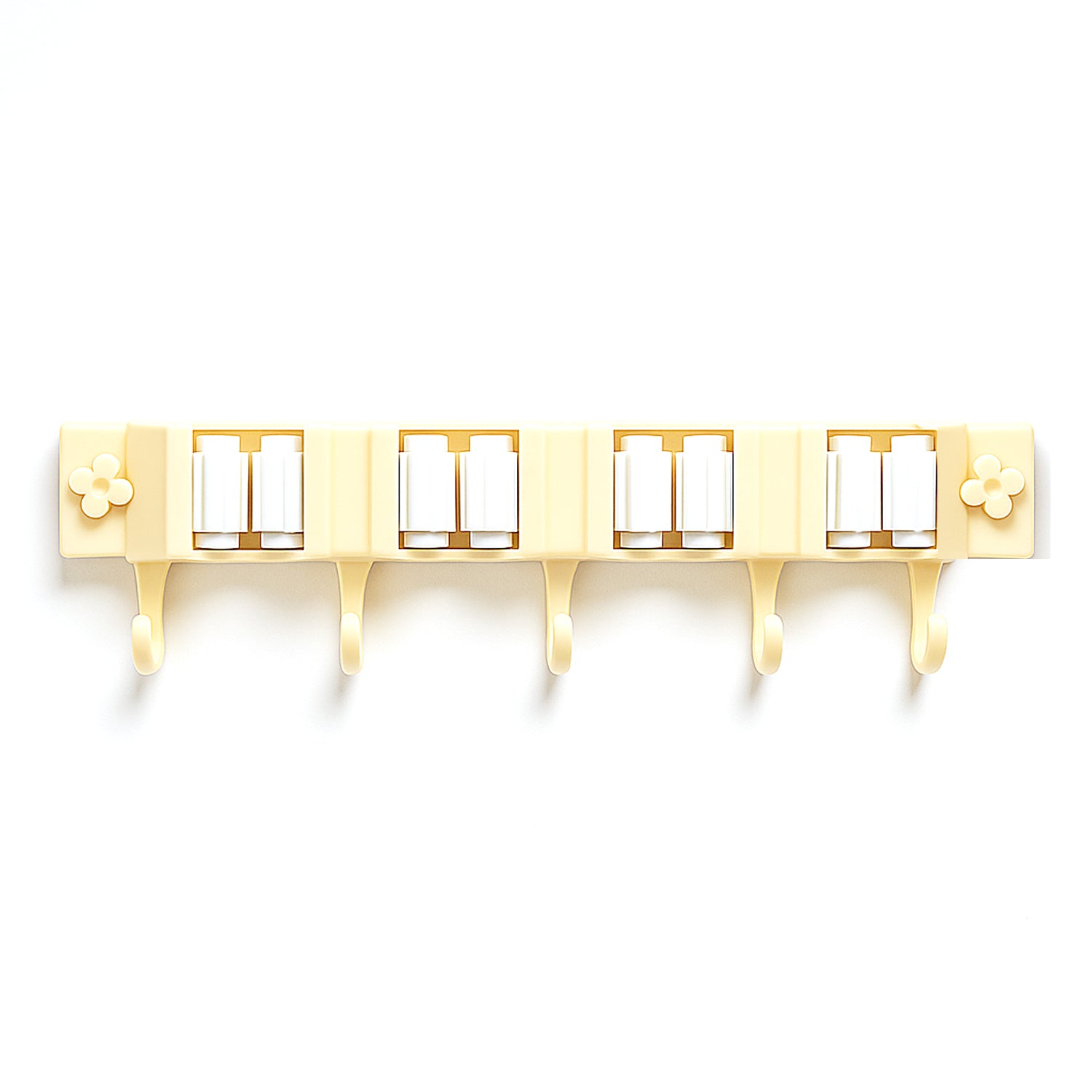 Self-Adhesive Wall-Mount Broom and Mop Holder Rack with Multi-Roller Grip and Utility Hooks – Space-Saving Organizer for Kitchen, Bathroom and Cleaning Tools