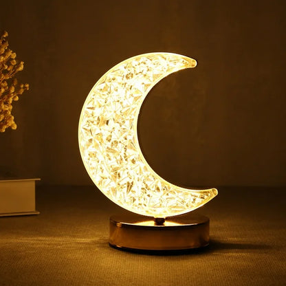 Crystal Moon Shape LED Table Lamp with Touch Control USB Rechargeable 3 Color Stepless Dimming Bedside Night Light for Bedroom Living Room and Home Decor (1 Piece)