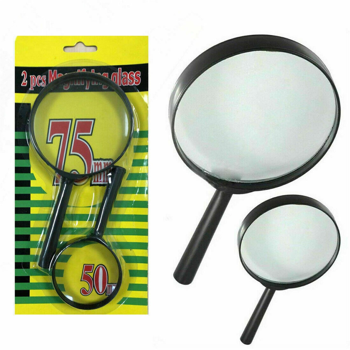 Magnifying Glass Lens Reading Aid Set – Real Glass Magnifiers with Plastic Handle, Dual Sizes 75mm &amp; 50mm (2 Pc Set)