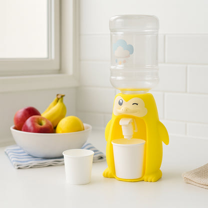 Kids Tabletop Water Dispenser Toy with Cute Character Design Refillable Bottle Manual Tap and Cup Holder for Pretend Play and Hydration Habits