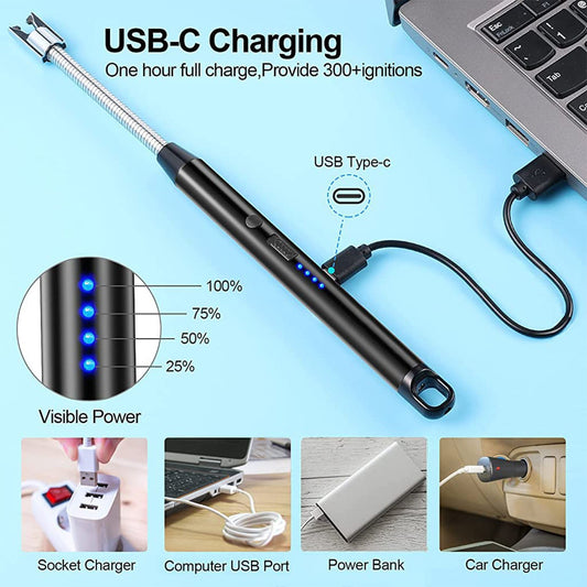 Long Flexible USB Rechargeable Electric Arc Lighter - Windproof, Flameless Plasma